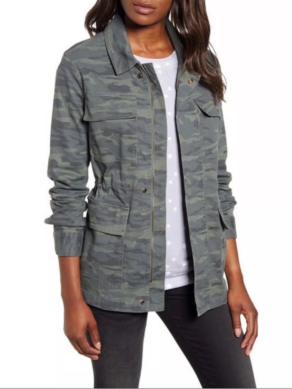 Caslon - Women's Metallic Stitch Utility Jacket Olive Camo Medium petite